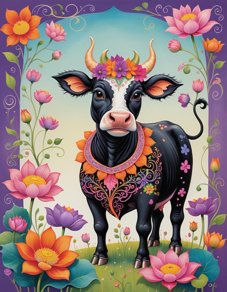 Whimsical Cow with Flowers in Surreal Landscape