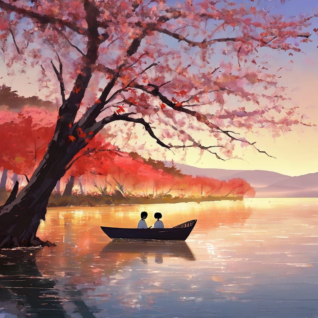 Traditional Japanese Boat in Serene Lake Landscape