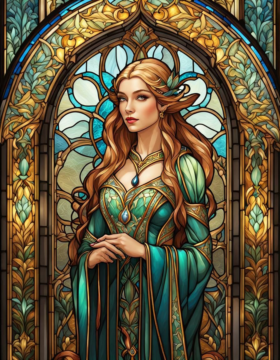 Stained-Glass Elf in Art Nouveau Style