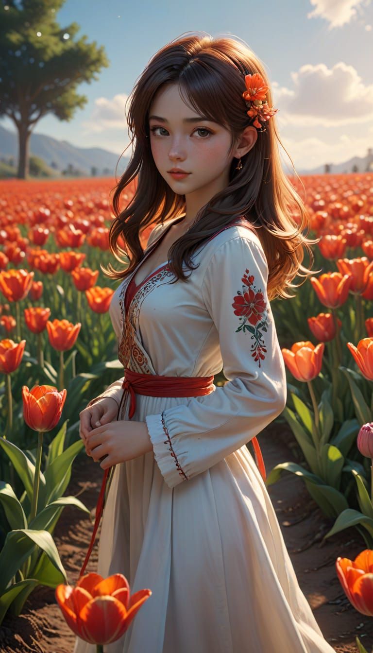 Girl in a Field of Red Tulips in a Breathtaking Anime Style