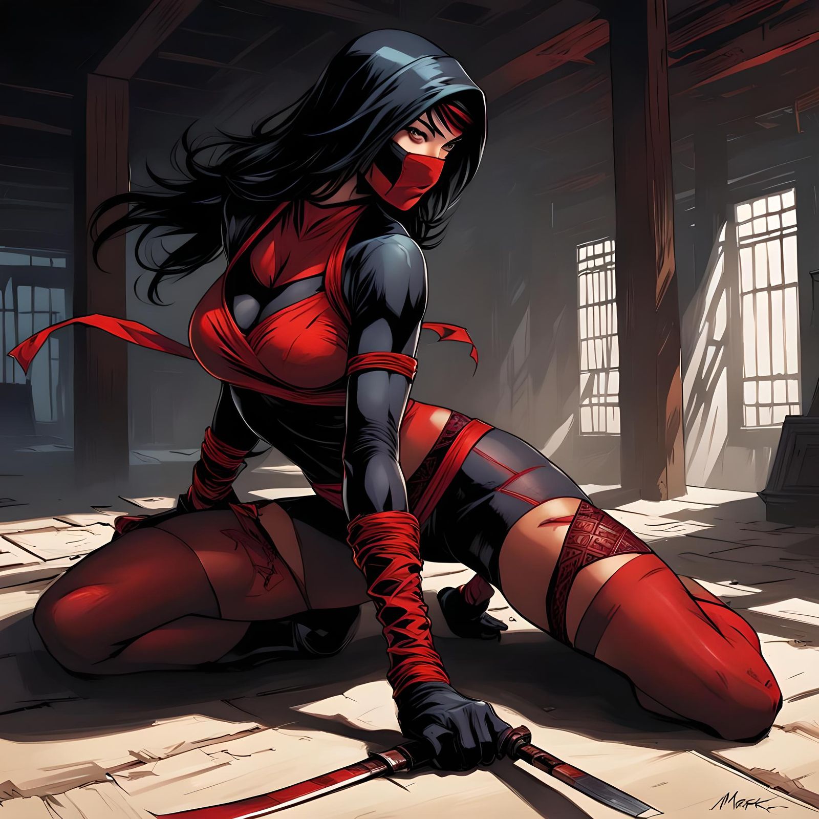 Ninja Girl vs Shadows in Comic Book Art Style