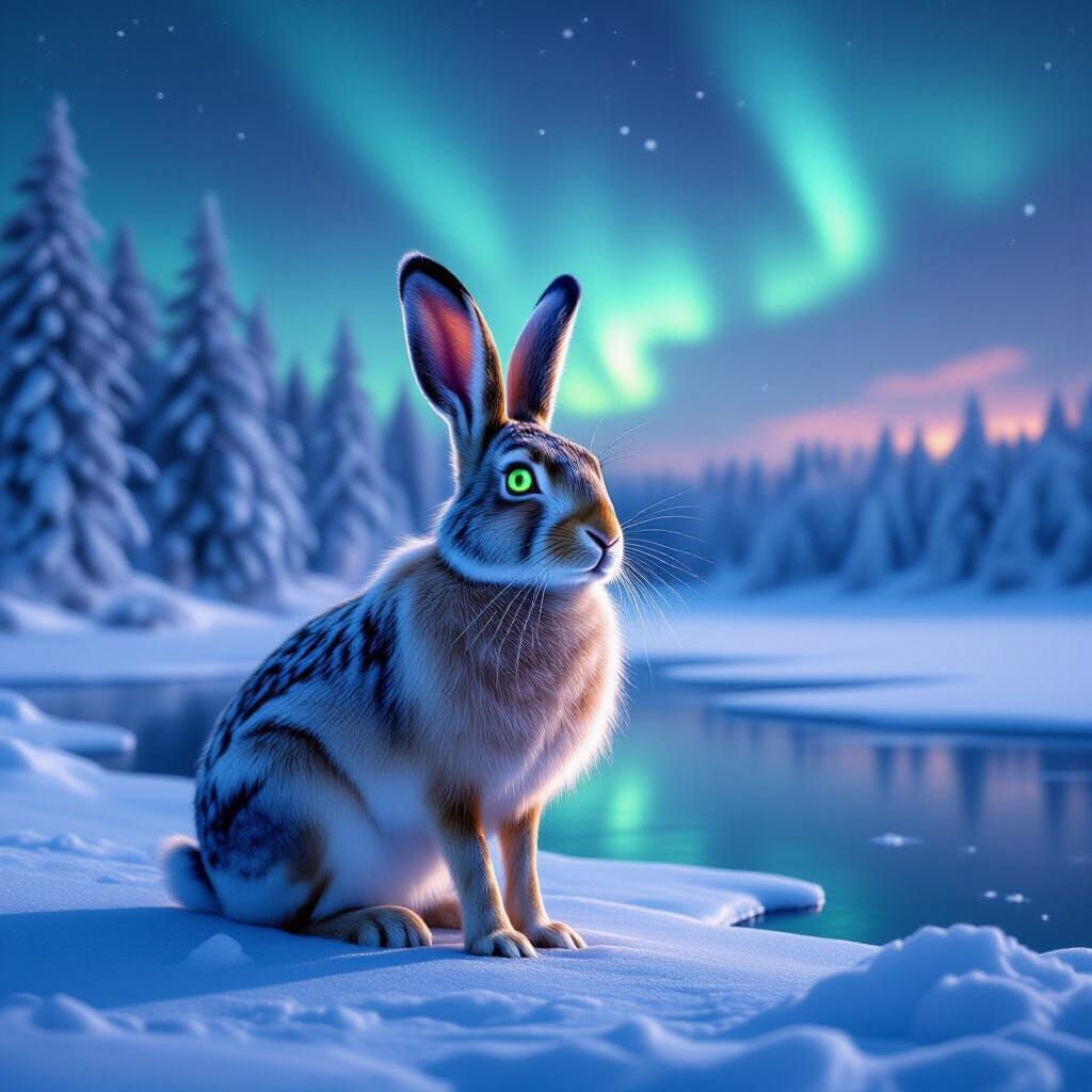 Majestic Hare by Aurora Borealis Frozen Lake