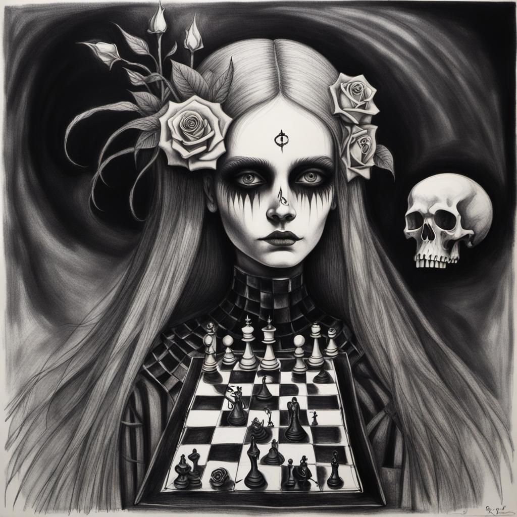 Surreal Crayon Drawing: Goth Woman on Chessboard