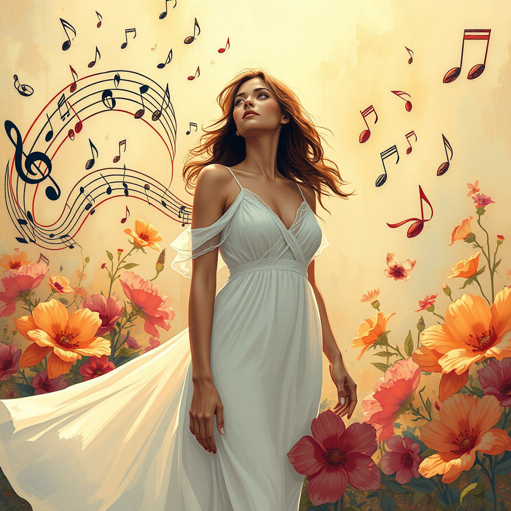 Woman Surrounded by Floral Music in Digital Painting Style