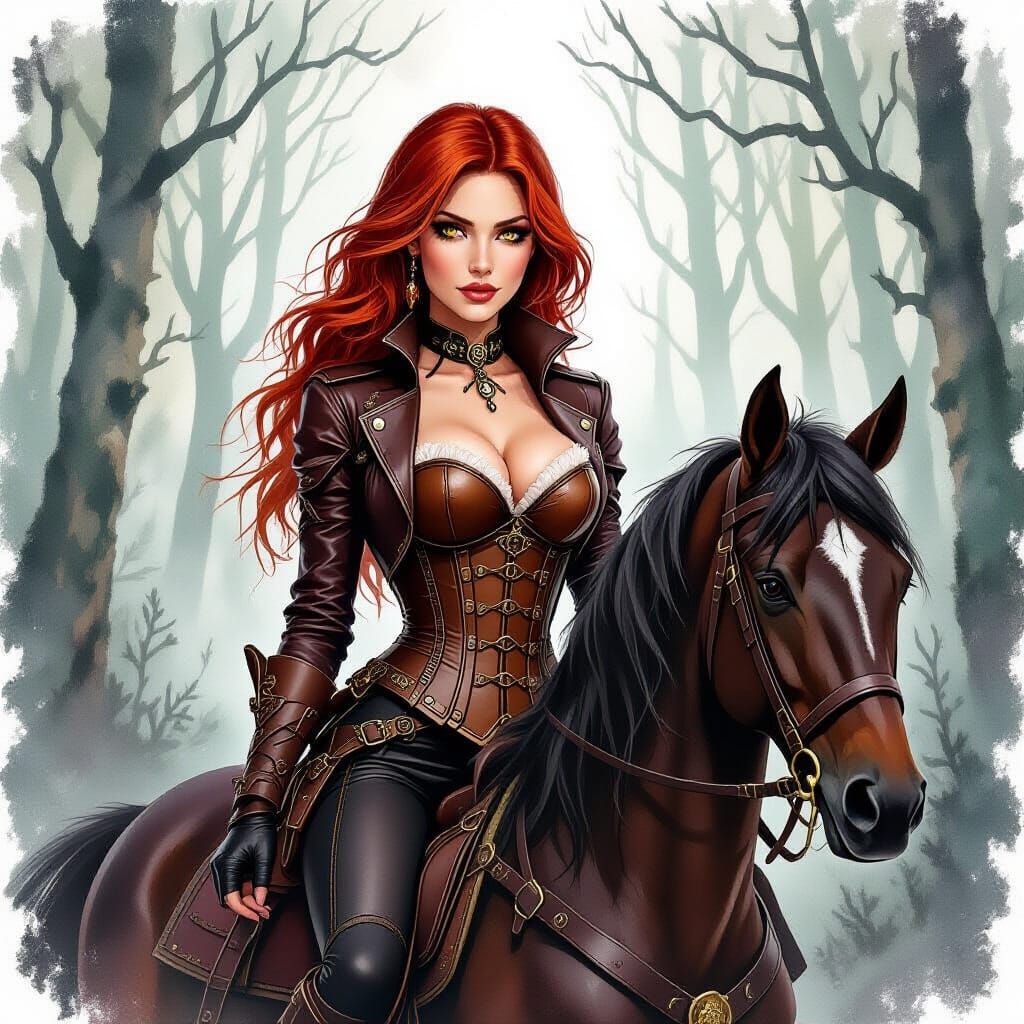 Steampunk Woman Rides Horse in Creepy Forest
