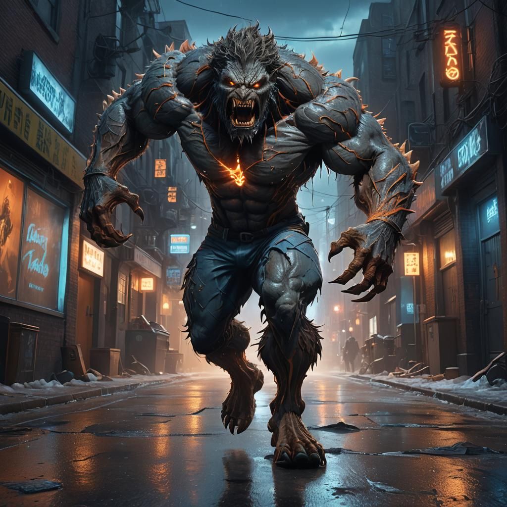 Gray Monster Rages in Midnight Alleyway