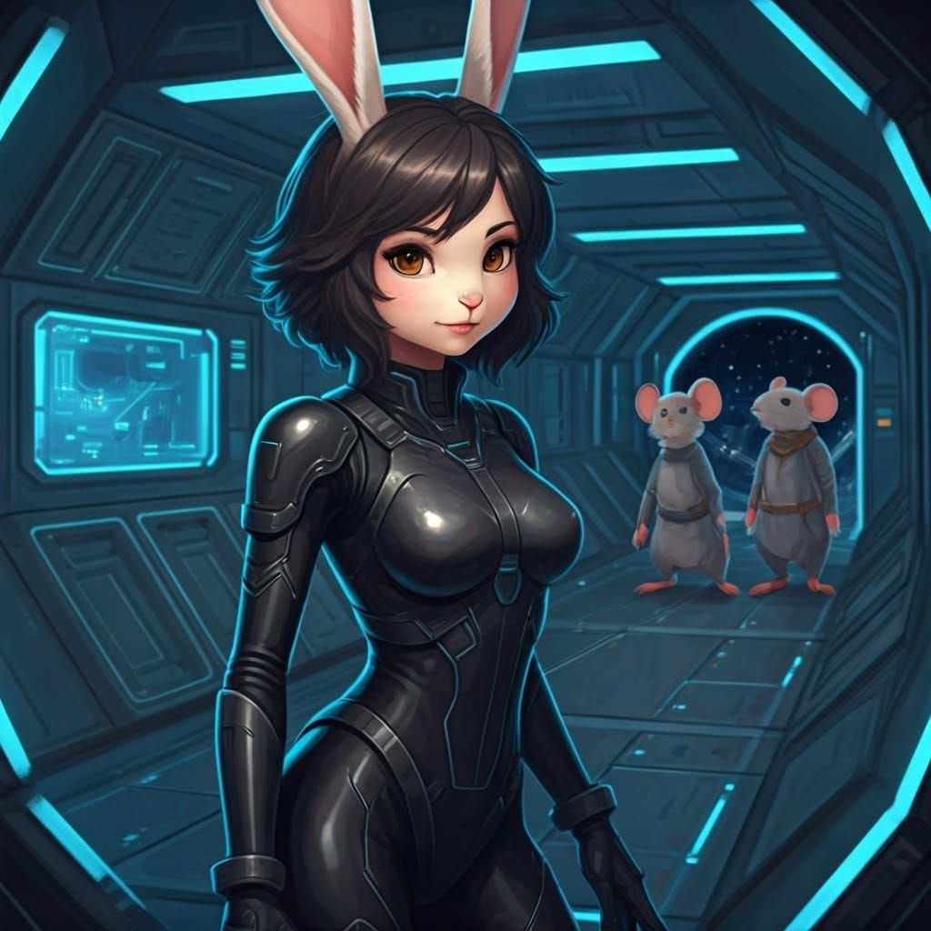 Anime Rabbit Woman in Futuristic Spacesuit Interrogates Mous...