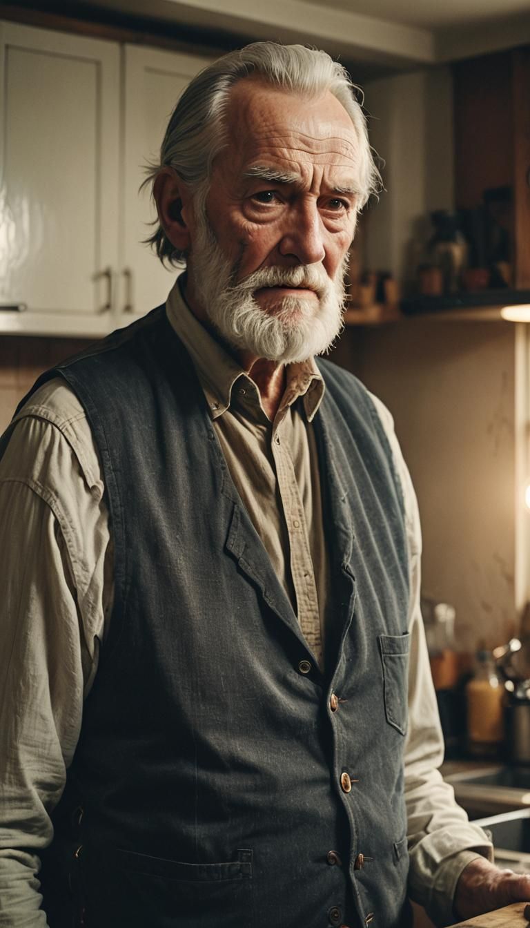 Cinematic Portrait of Old Man in Kitchen