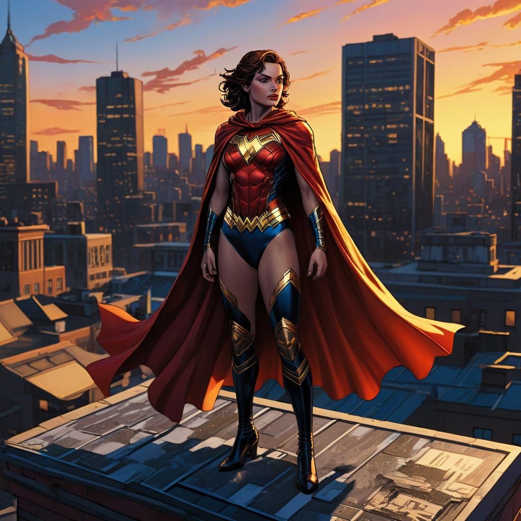 Comic Book Heroine on Rooftop at Sunset