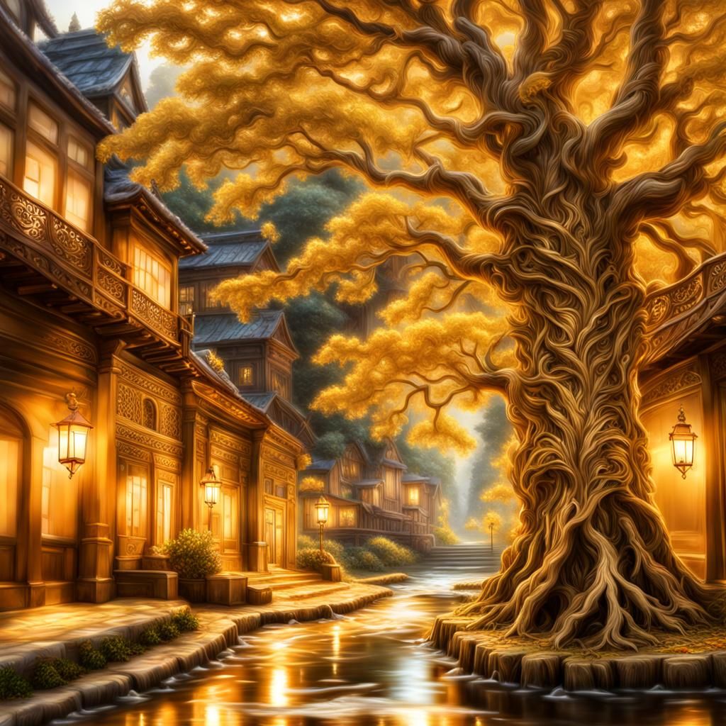Hyperrealistic Tree by a Stream with Golden Streets