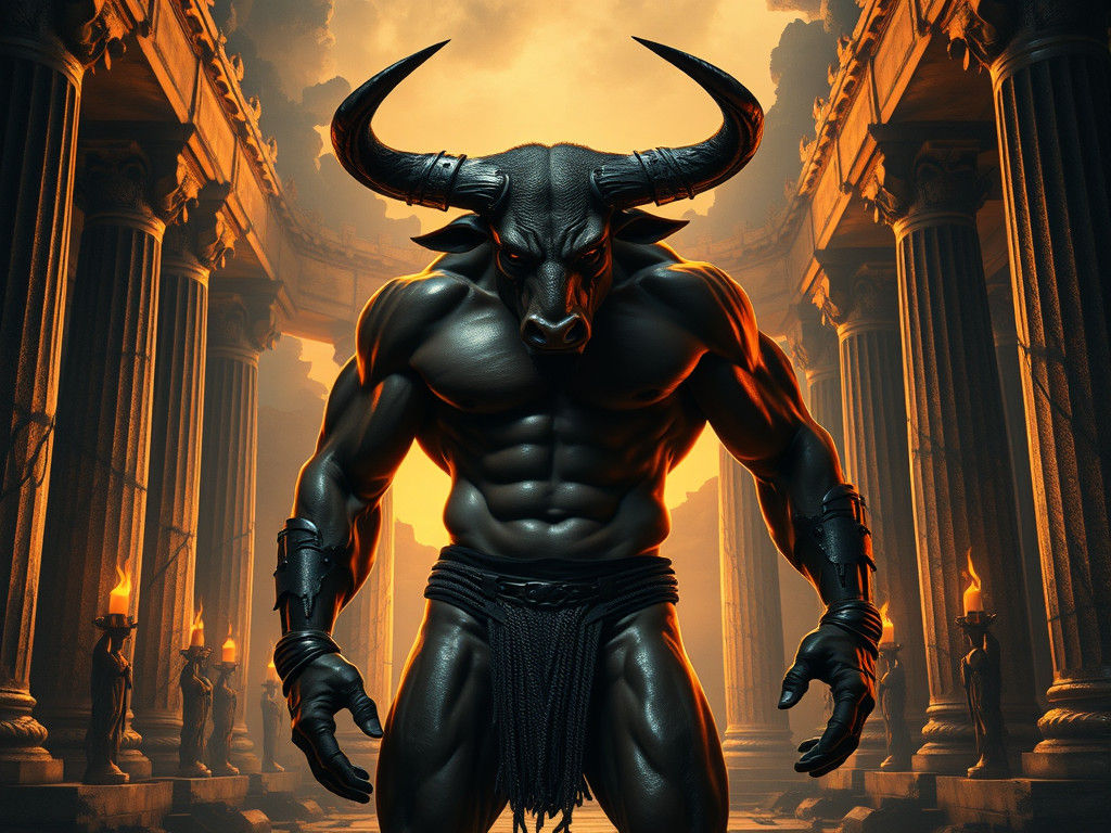 Minotaur in Ancient Temple, Biomechanical Fusion Style