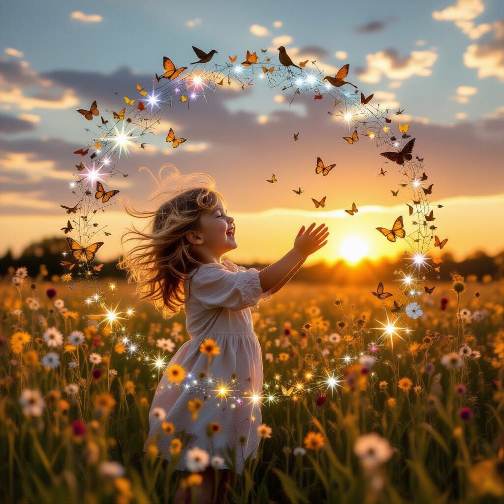 Surreal Sculpture of Child in Wildflower Field