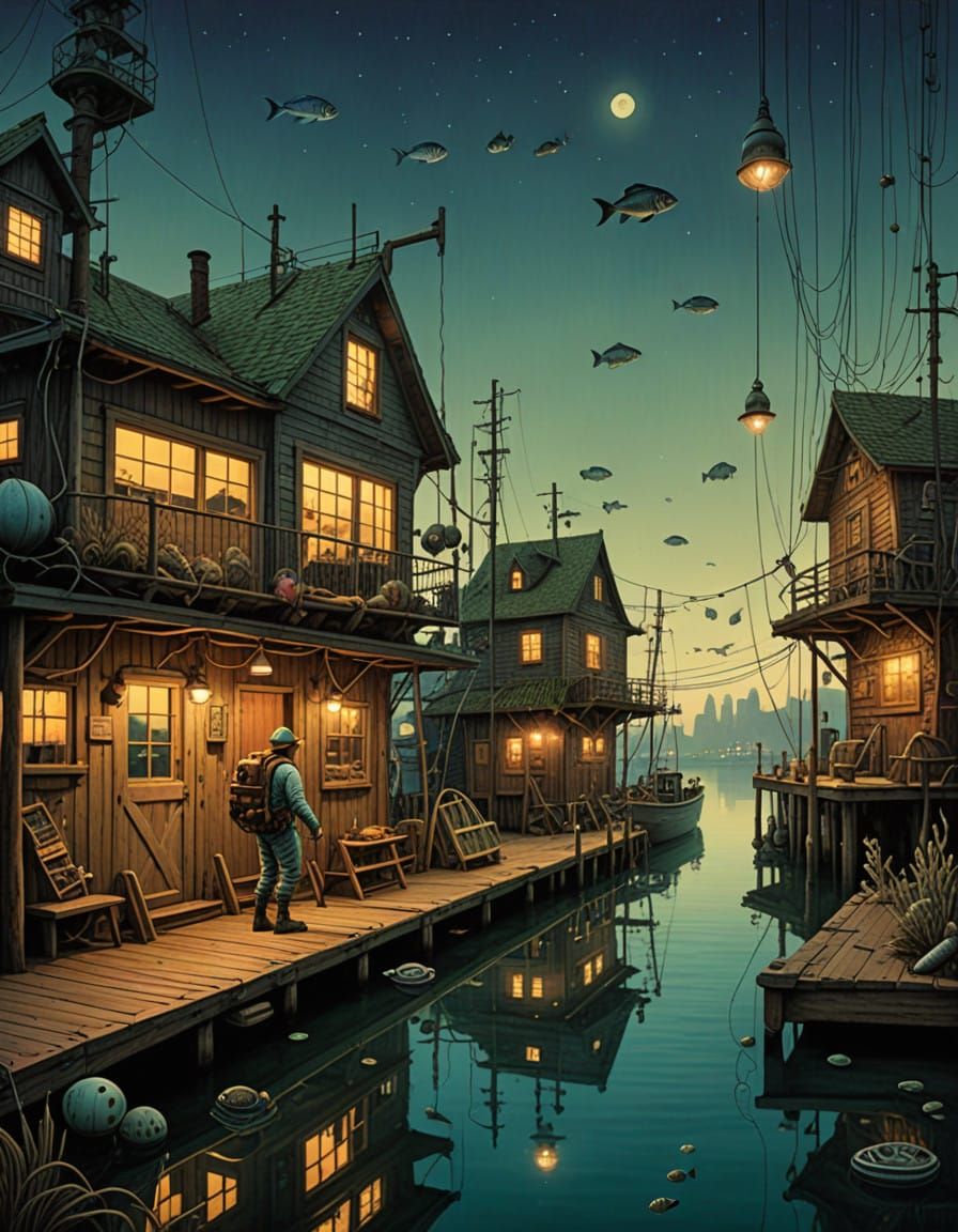 Underwater Surreal City in Jaek Yerka Style: Fish Paradise w...