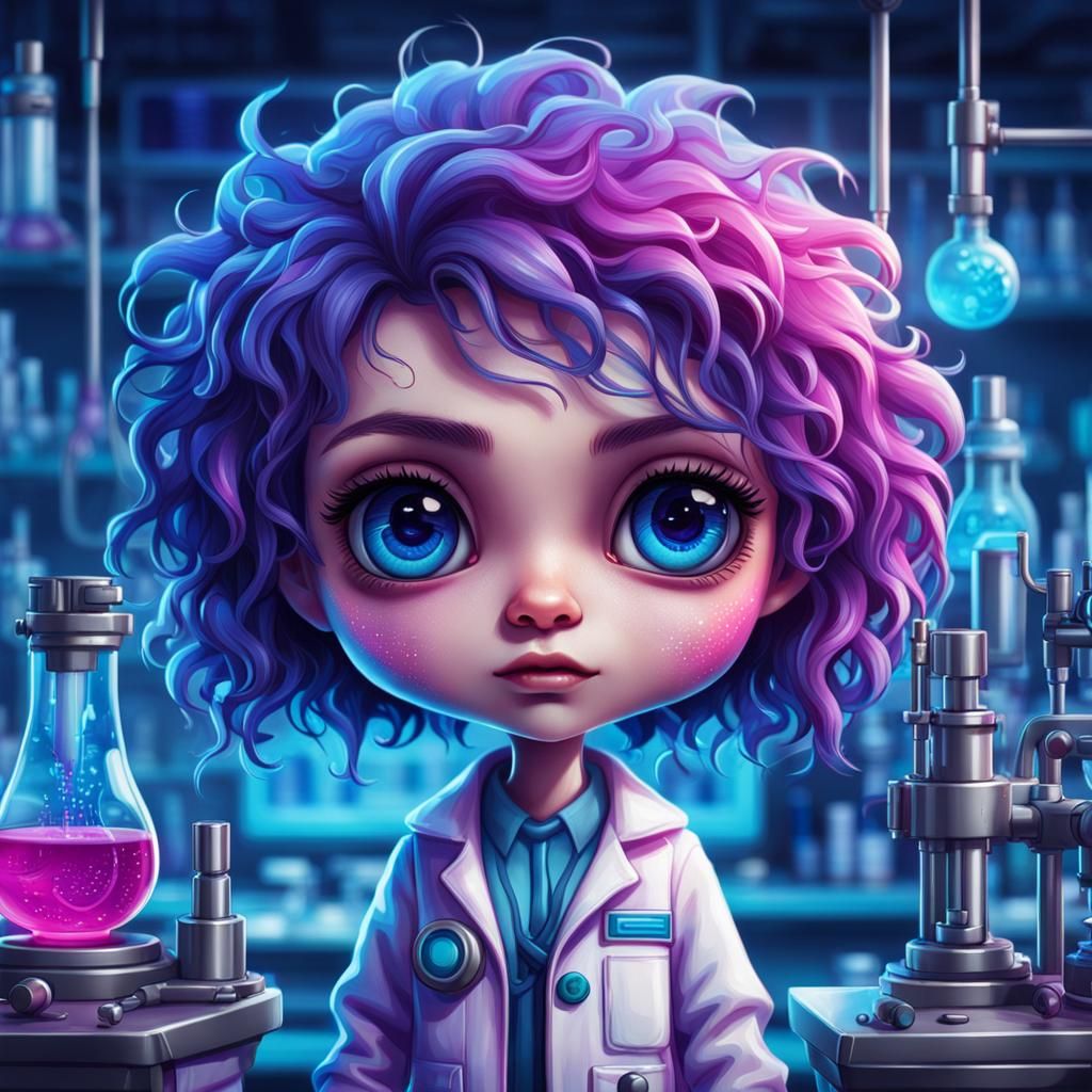 Chibi Scientist in High-Tech Lab, Digital Art