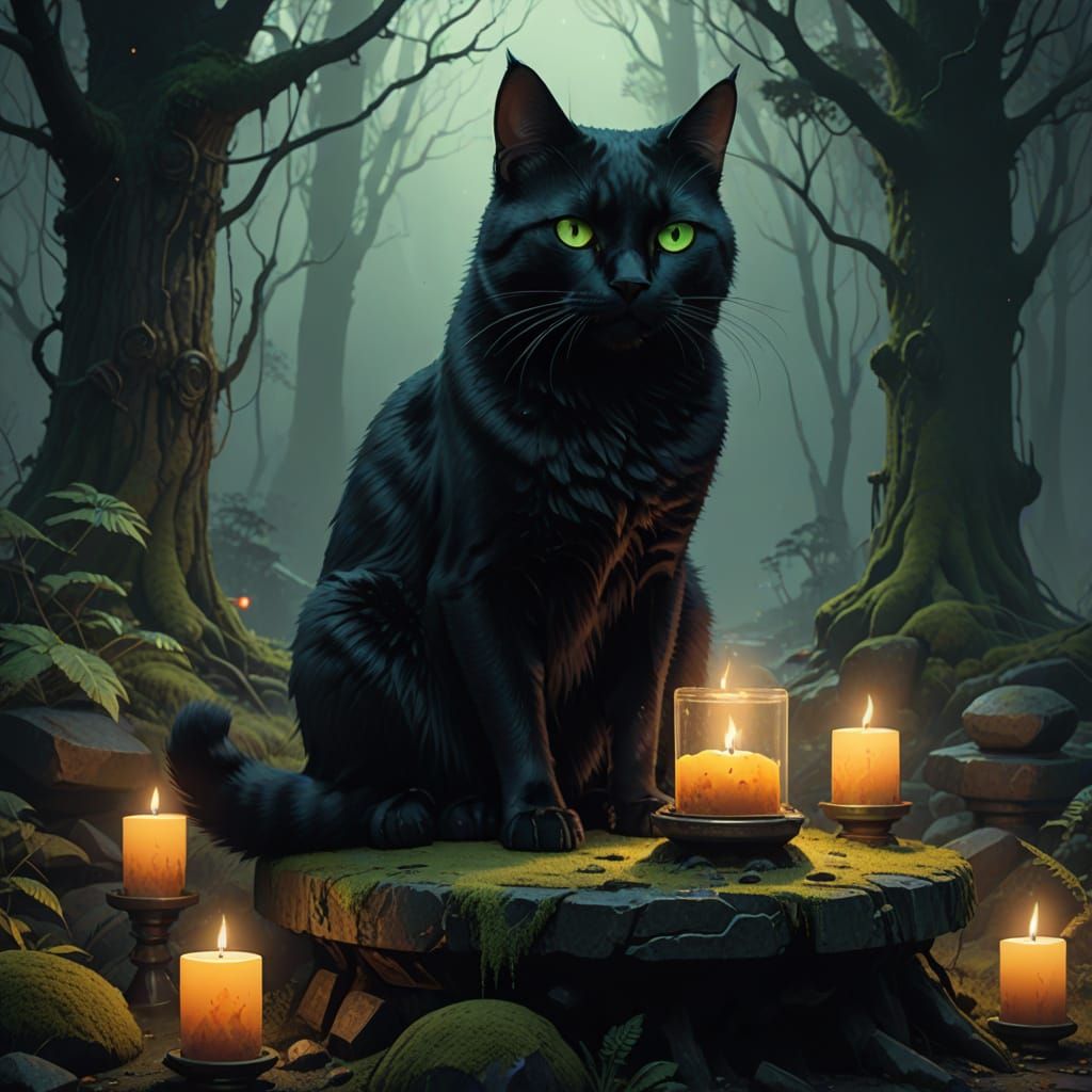 Mystical Feline Guardian Watches Wizard Stir Cauldron