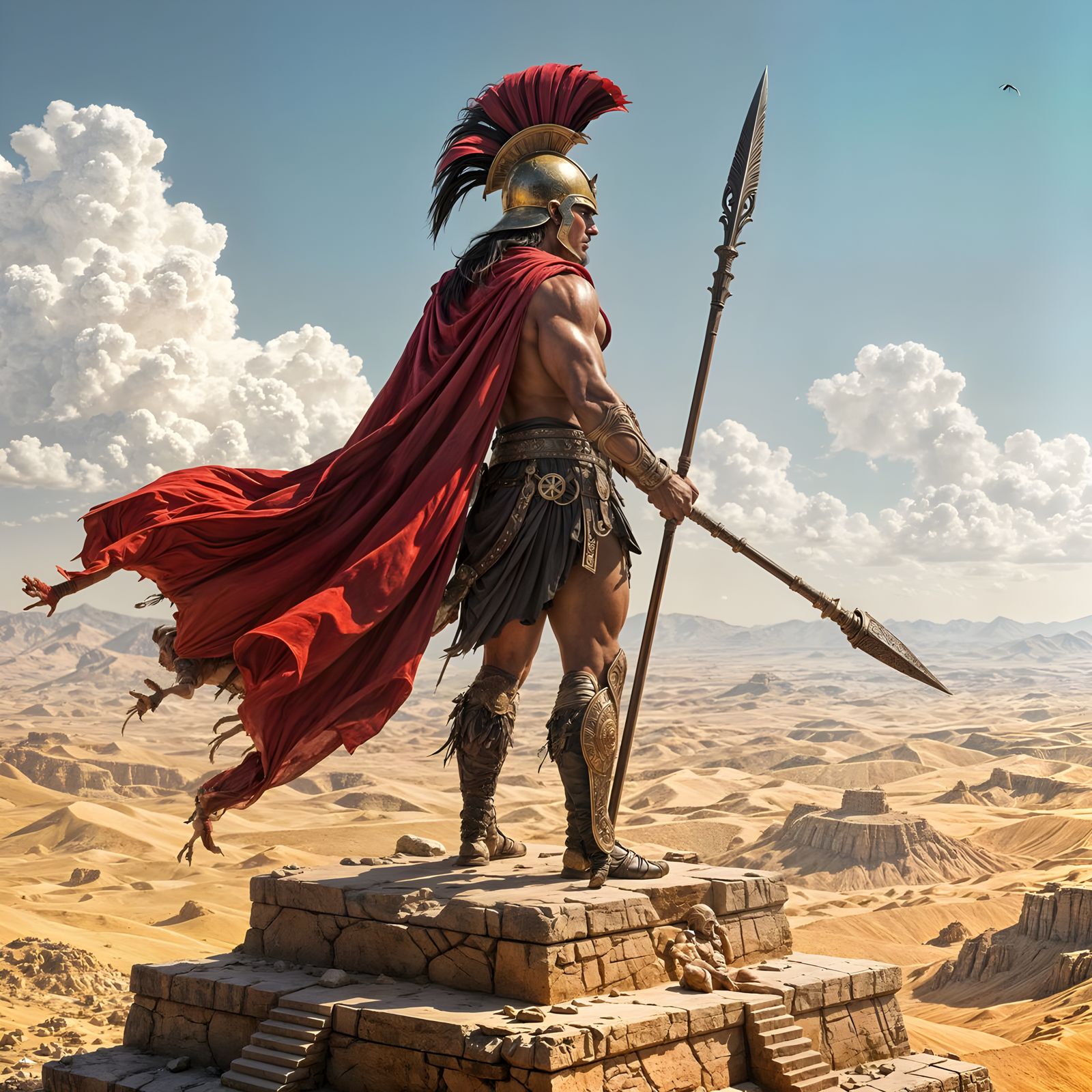 Warrior on Ziggurat in Sun-Drenched Desert