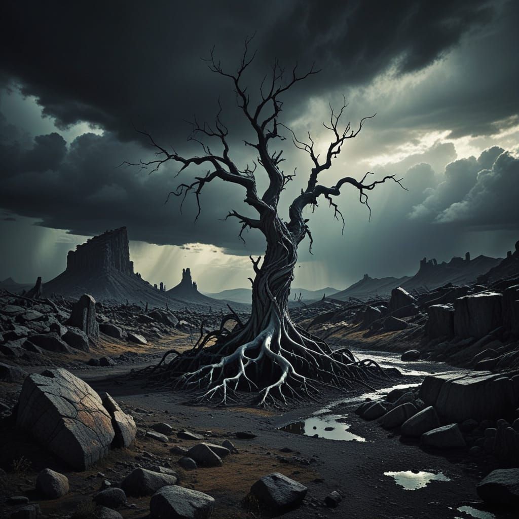 Ethereal Surrealism: Lonely Figure in a Haunting, Rocky Expa...