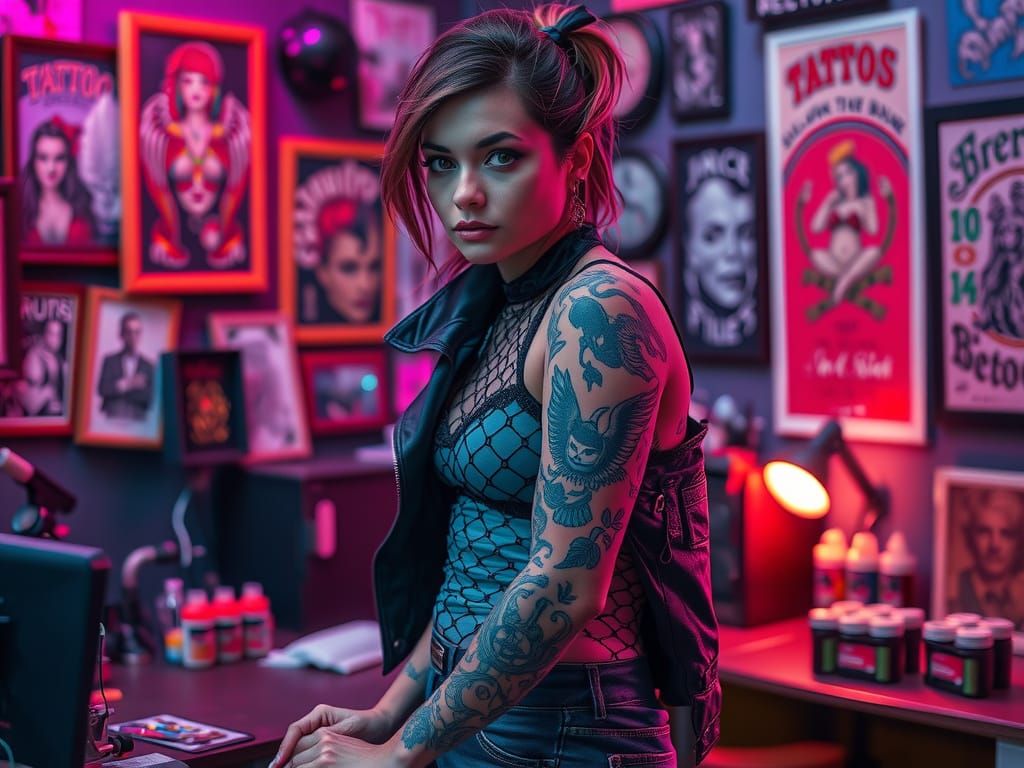 Bold Tattoo Artist in Neon-Lit Studio
