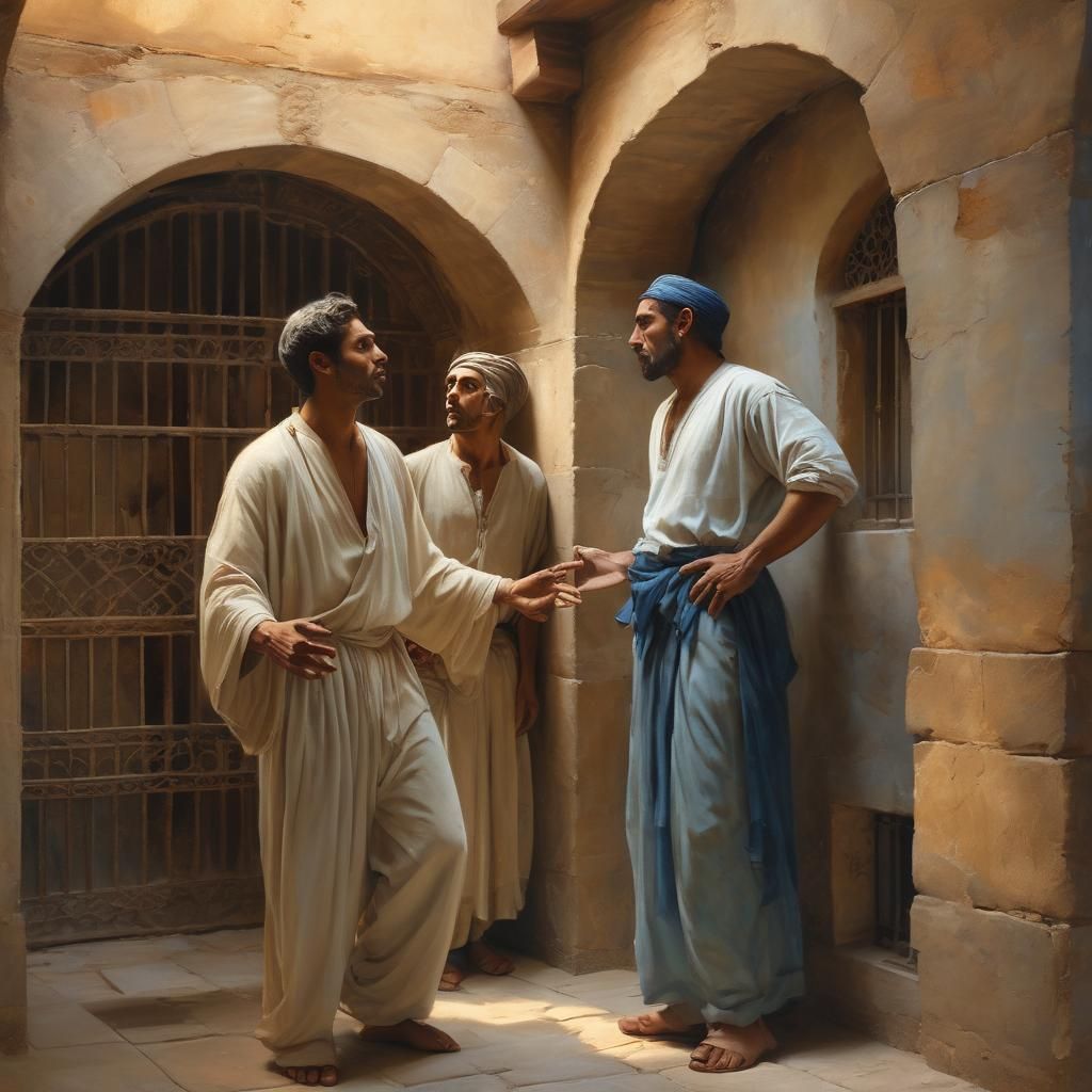 Middle Eastern Men in Prison Cell: Jugendstil Oil Painting