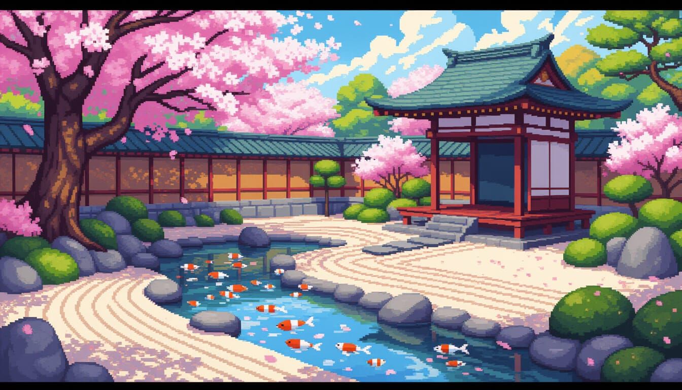 8-Bit Japanese Garden with Falling Cherry Blossoms