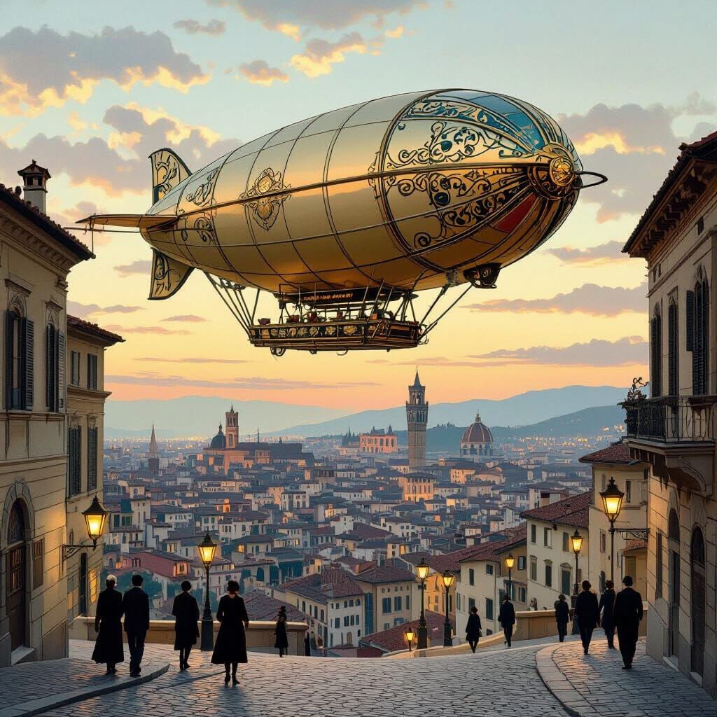 Airship Over Italian Cityscape in Art Nouveau Style