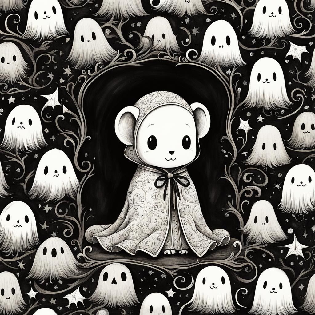 Chibi Ghost Mouse Portrait in Film Noir Style