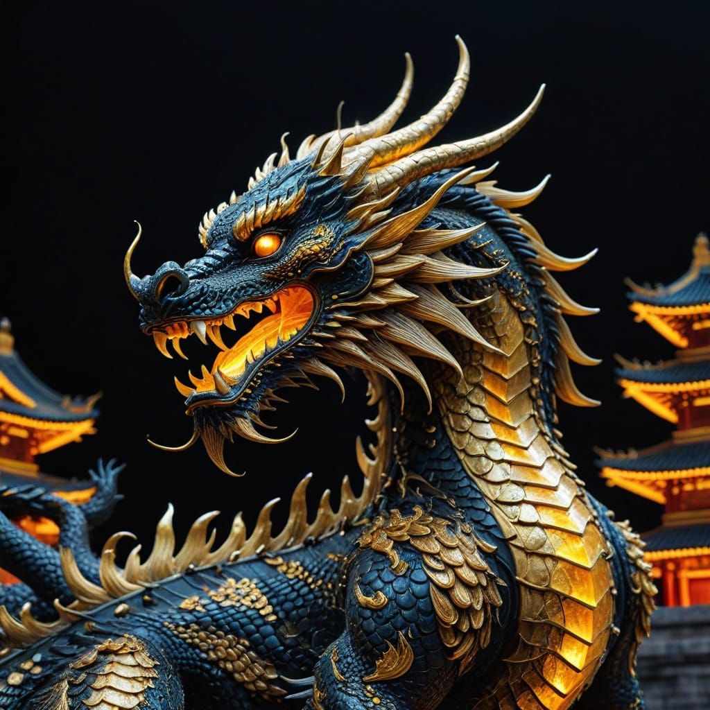 Golden Dragon Poses in Front of Chinese Palace in Vibrant Ar...