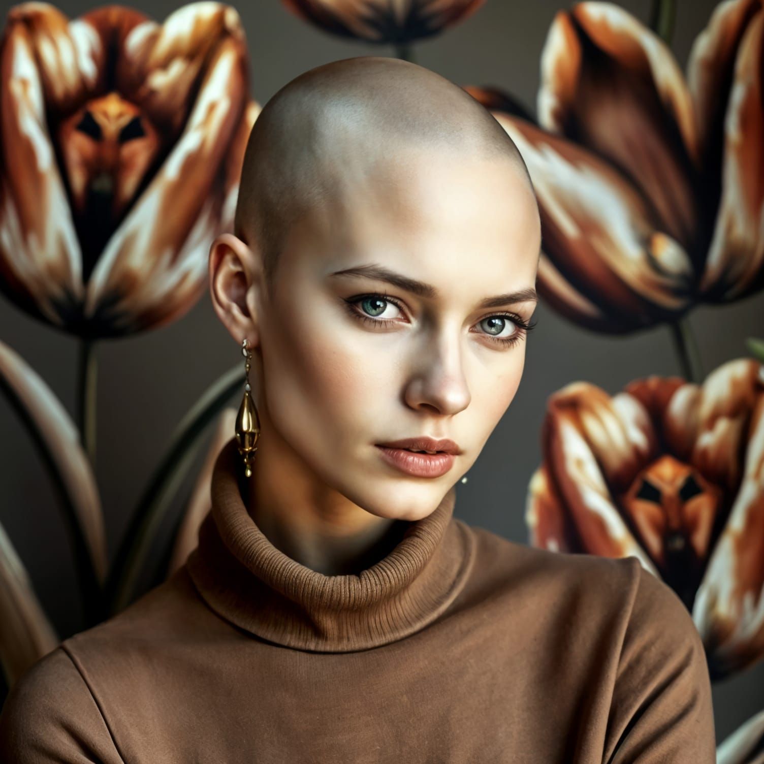Serene Bald Woman in Brown Pullover and Earrings