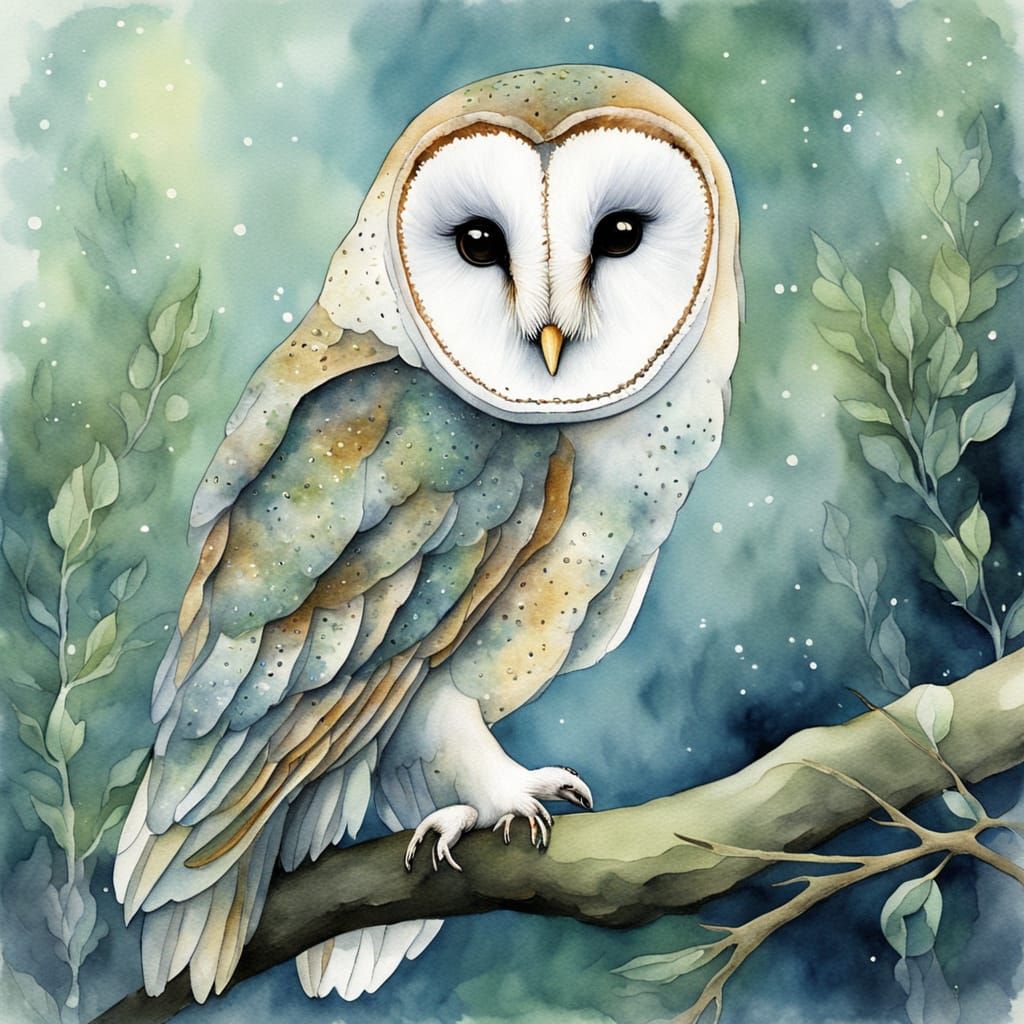 Moonlit Barn Owl Watercolor Portrait
