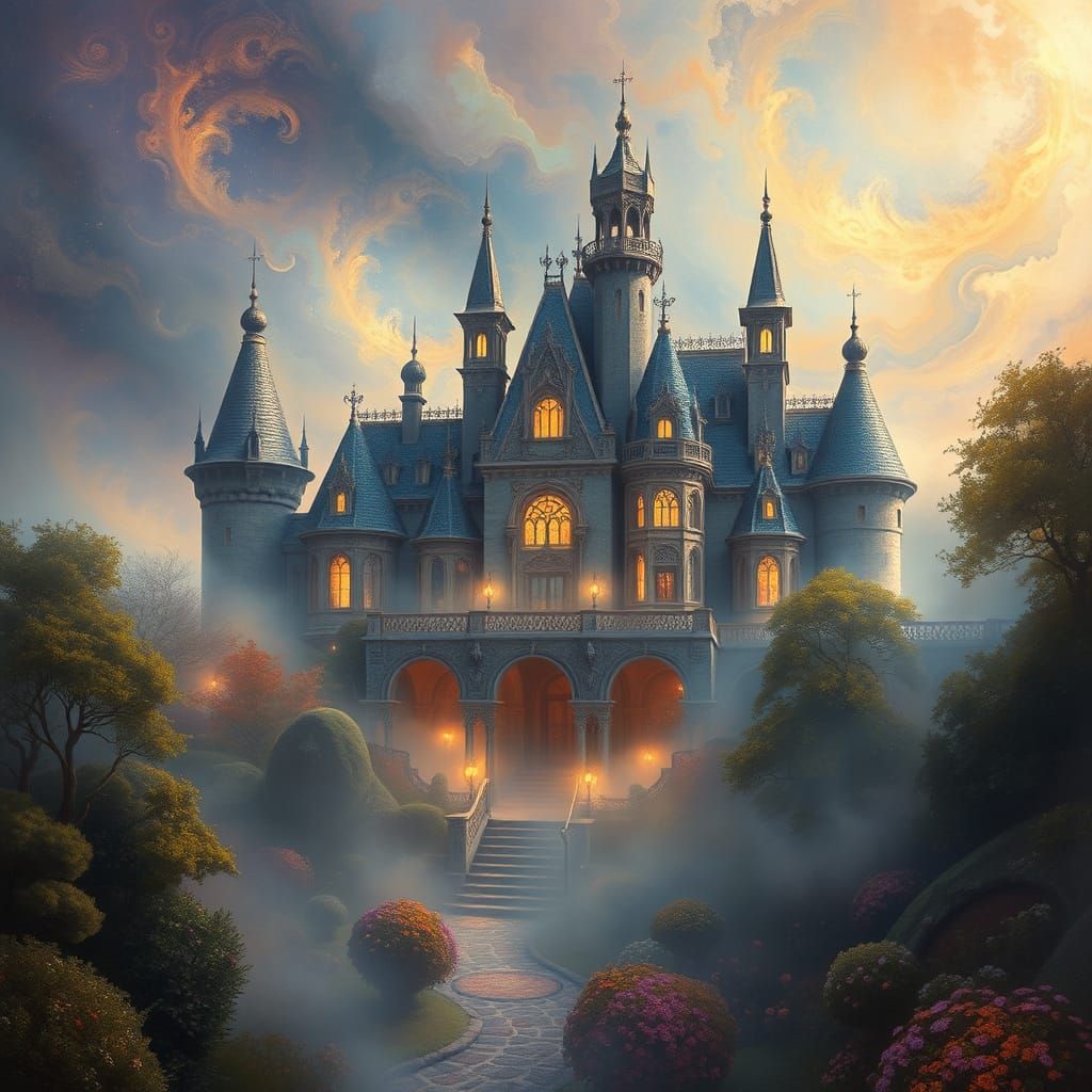 Ethereal Chateau in Celestial Aura with Swirling Patterns