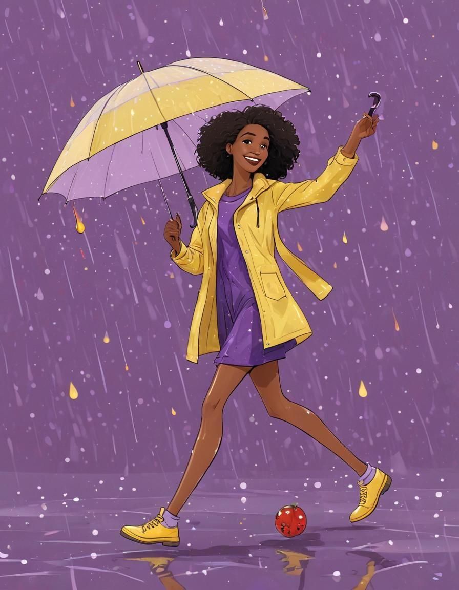 Woman Enjoys Rainy Night in Cartoony Style