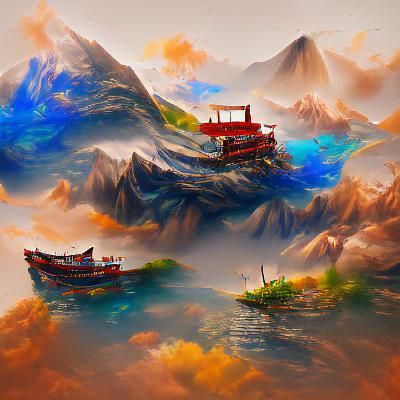 Chinese Style Boat and Mountain Landscape