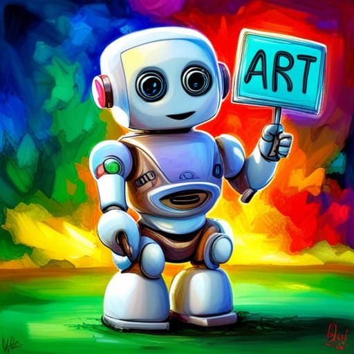 Adorable Robot with Art Sign in Neon Style