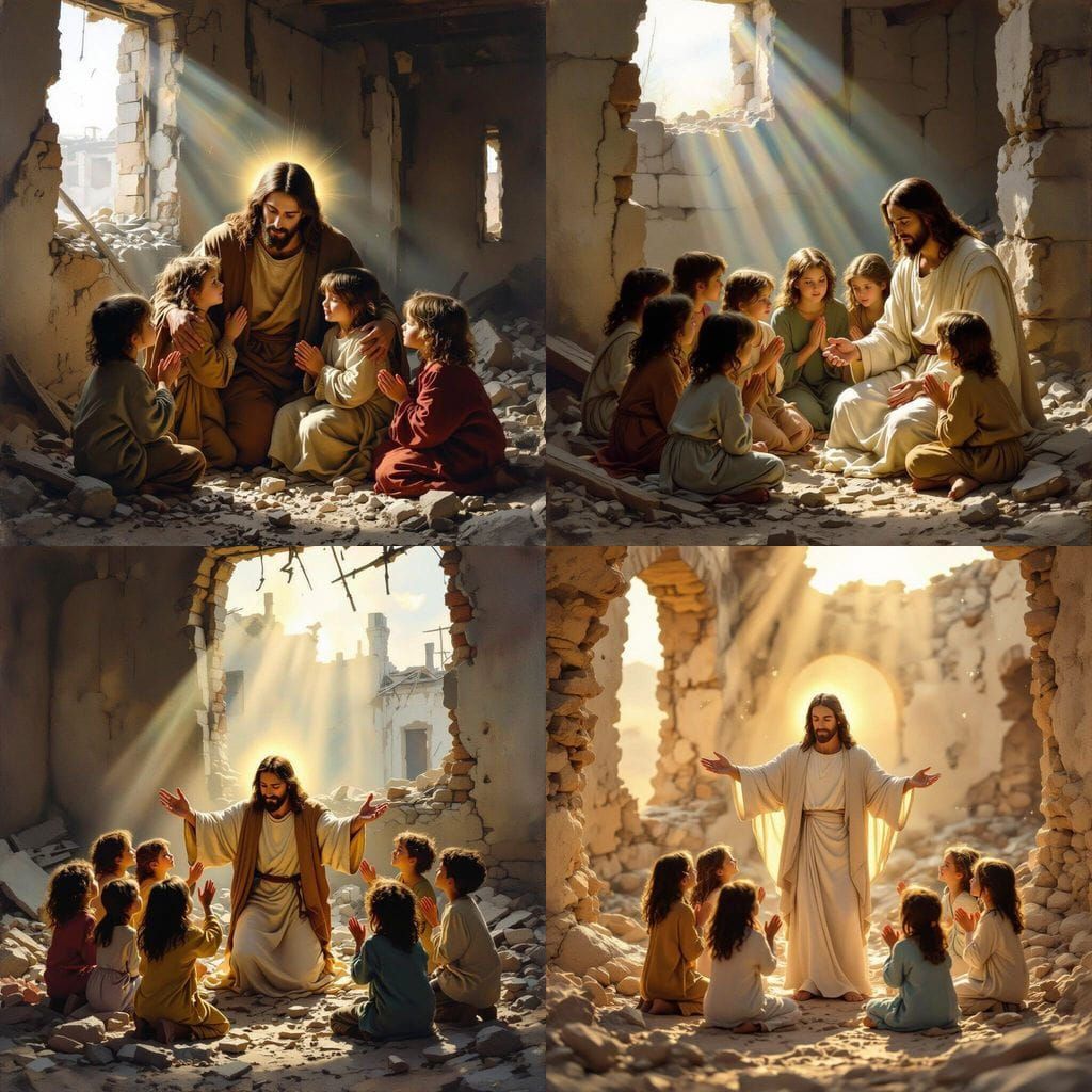 Jesus and Children Praying Amidst Ruined Buildings