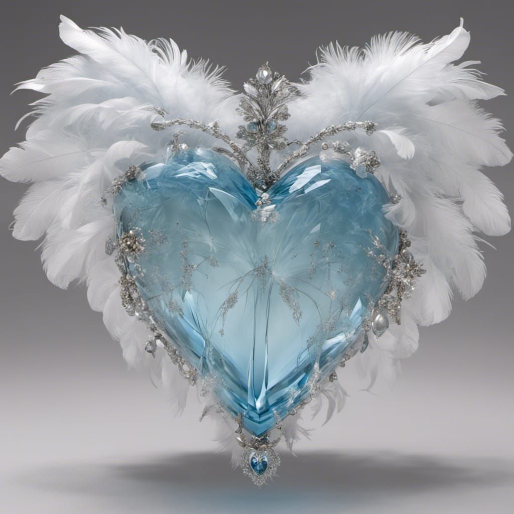 Crystal Heart with Feather Wings in Decoupage Style