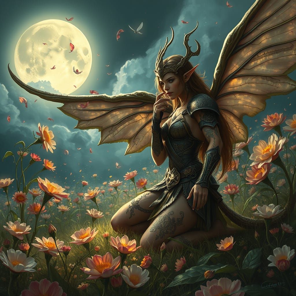 Fae Warrior in Moonlit Field, in Dark Fantasy Style