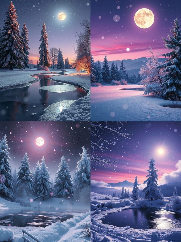 Moonlit Winter Landscape with Frosty Trees and Frozen Pond