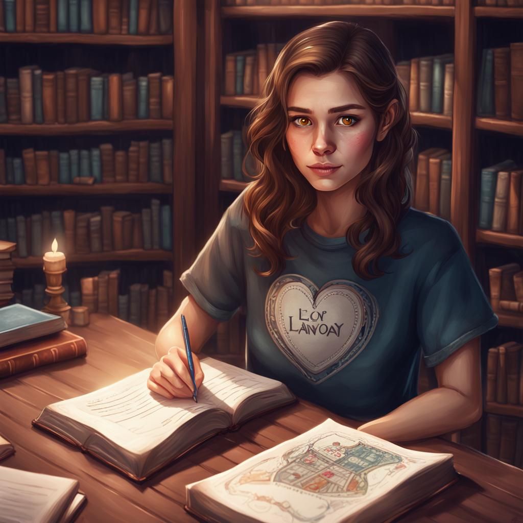 A stunning brown-haired woman writing something at a lovely library