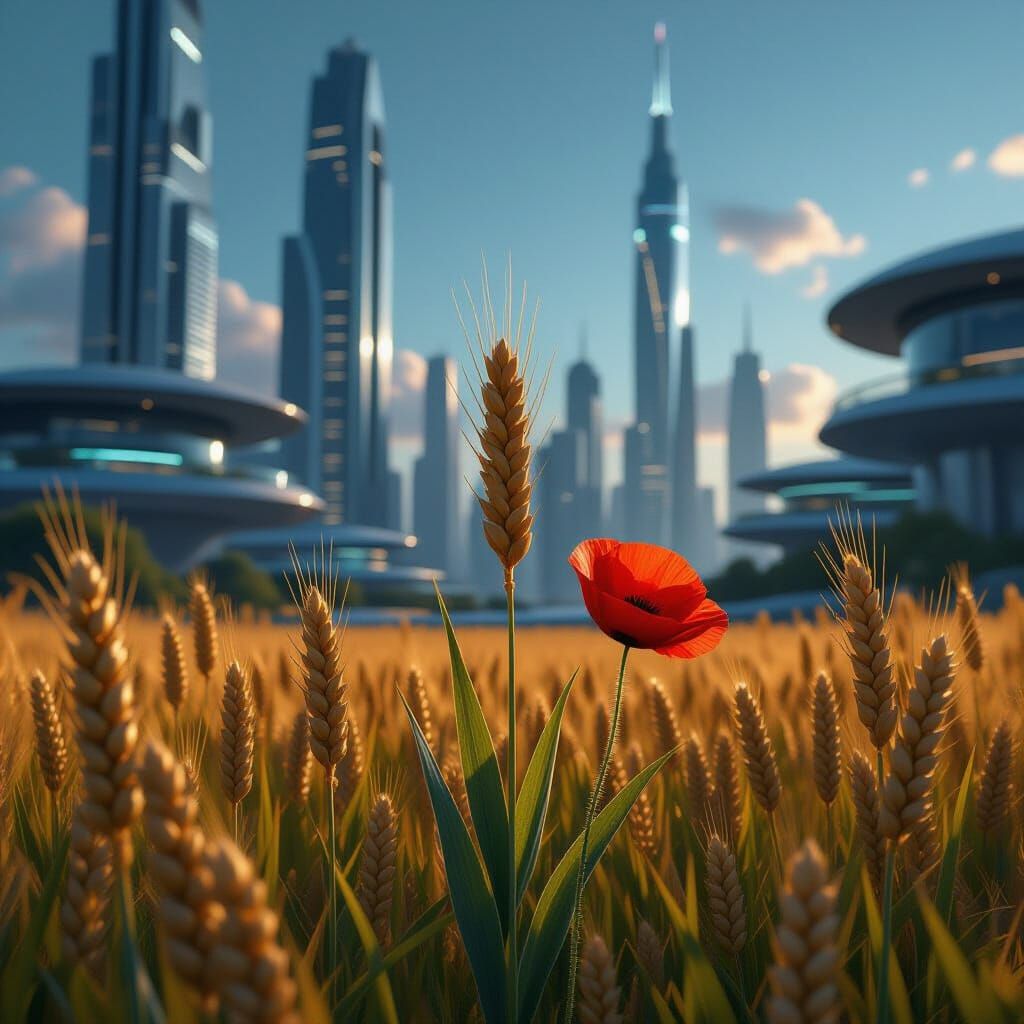 Wheat and Poppies in Futuristic Cityscape