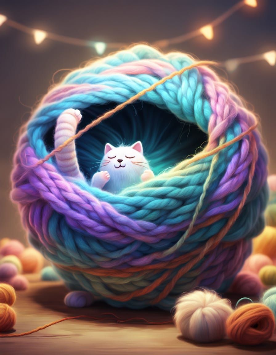 Anthropomorphic Yarn Yawning in Digital Painting Style