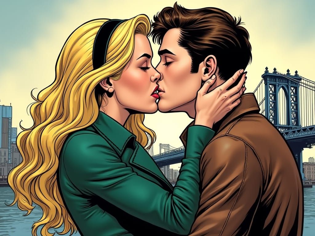 Romantic Comic Book Love Scene near Brooklyn Bridge