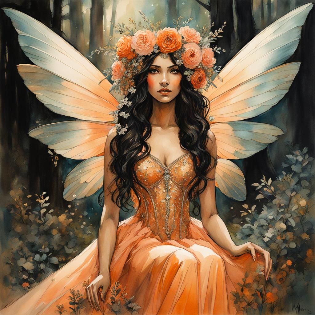 Olive Skin Fairy in Watercolor and Ink