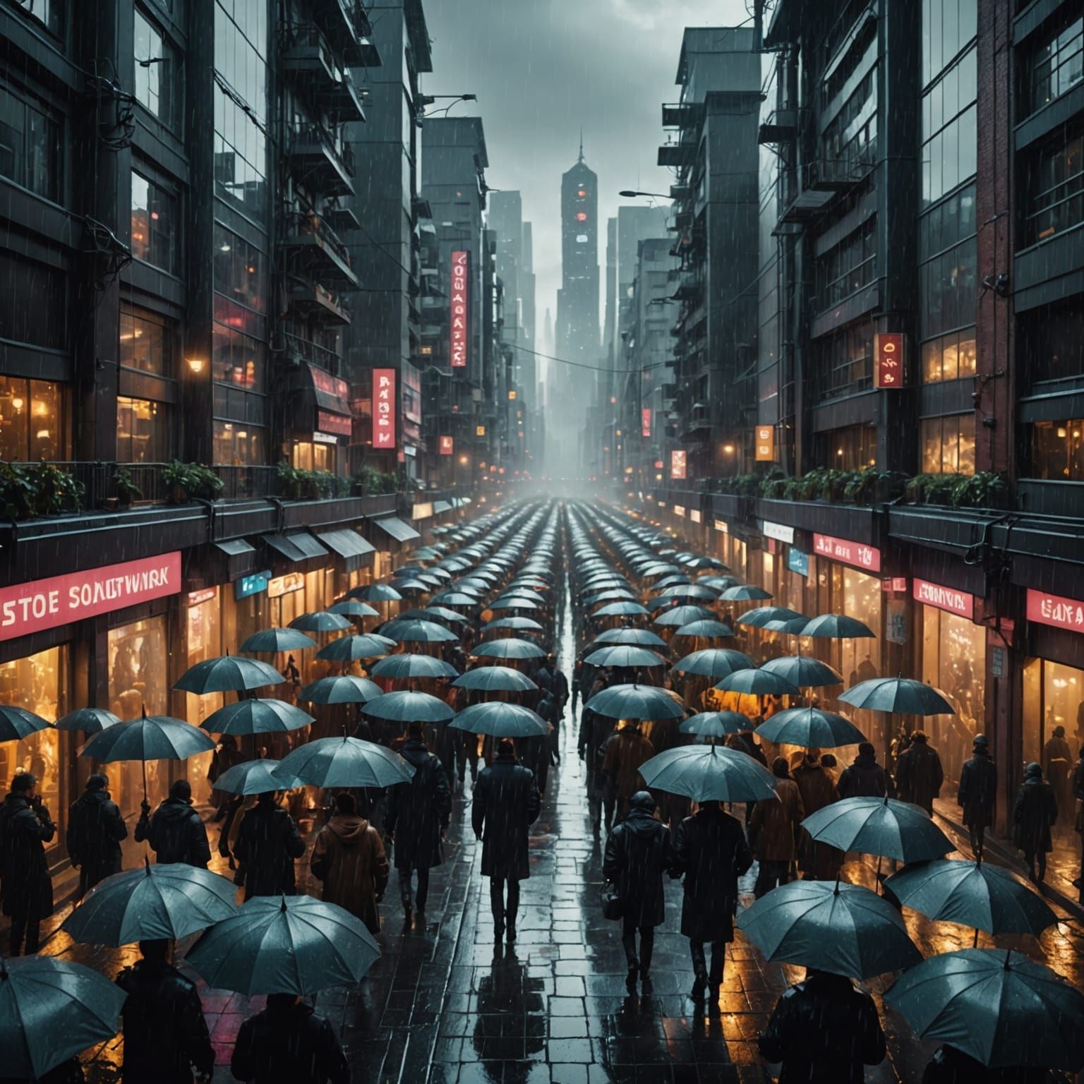 Epic Cyberpunk Cityscape with Solar-Powered Umbrellas