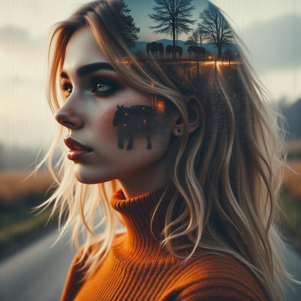 Double Exposure of Woman Merged with Autumn Night Sky