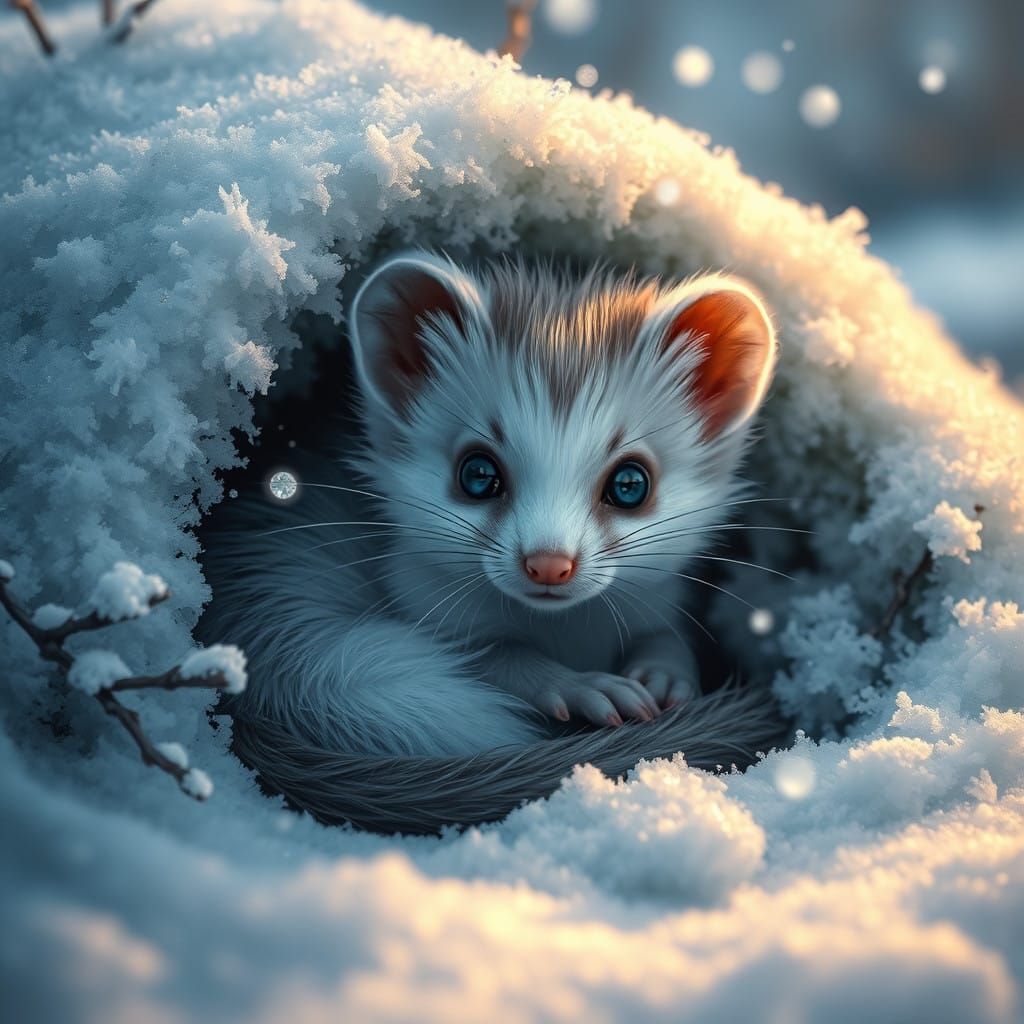 Frosty Whiskered Ermine in Snowy Burrow