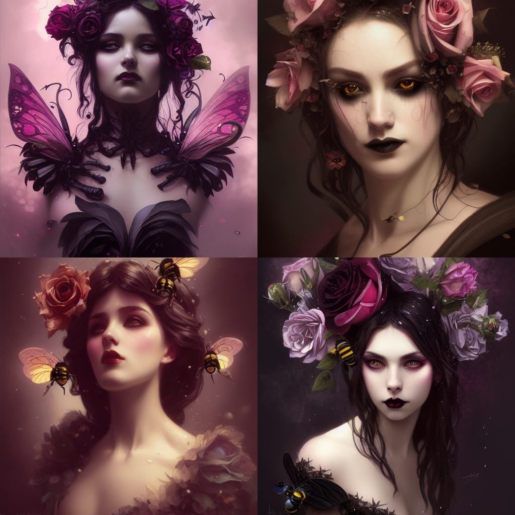 Gothic Fairy Bumble Bees and Dark Roses Portrait