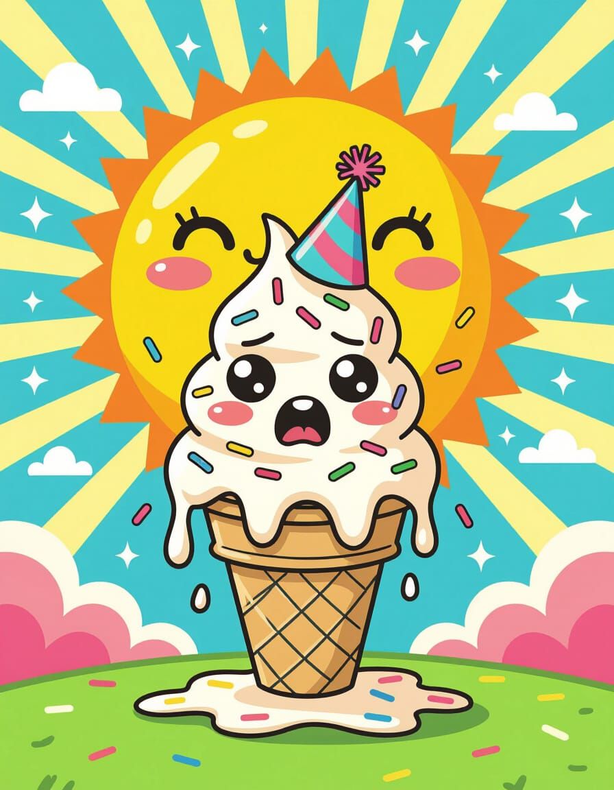 Melting Ice Cream Meets Grinning Sun in Cartoon Style