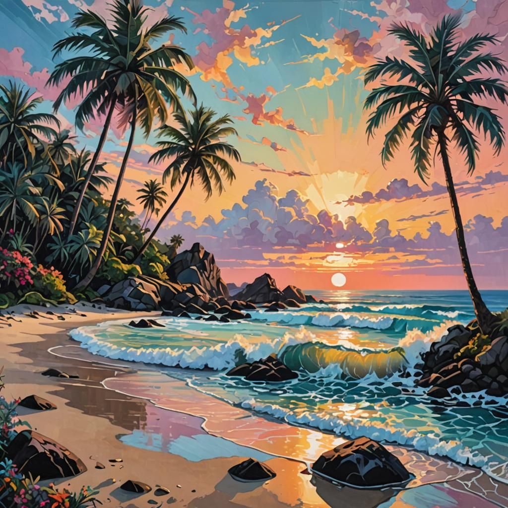Abstract Tropical Sunset Painting with Paisley Patterns