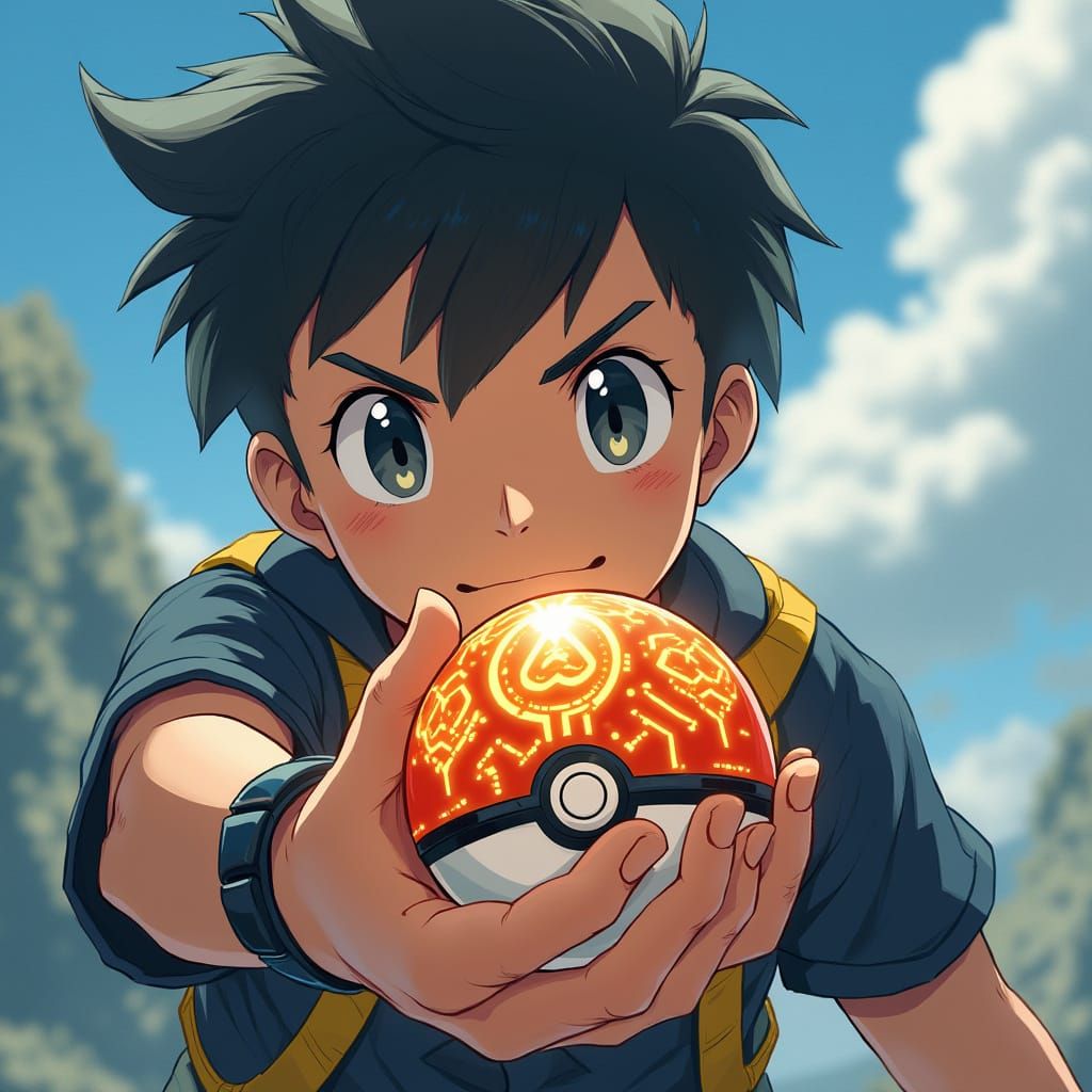 Futuristic Glowing Poké Ball Held by Young Trainer