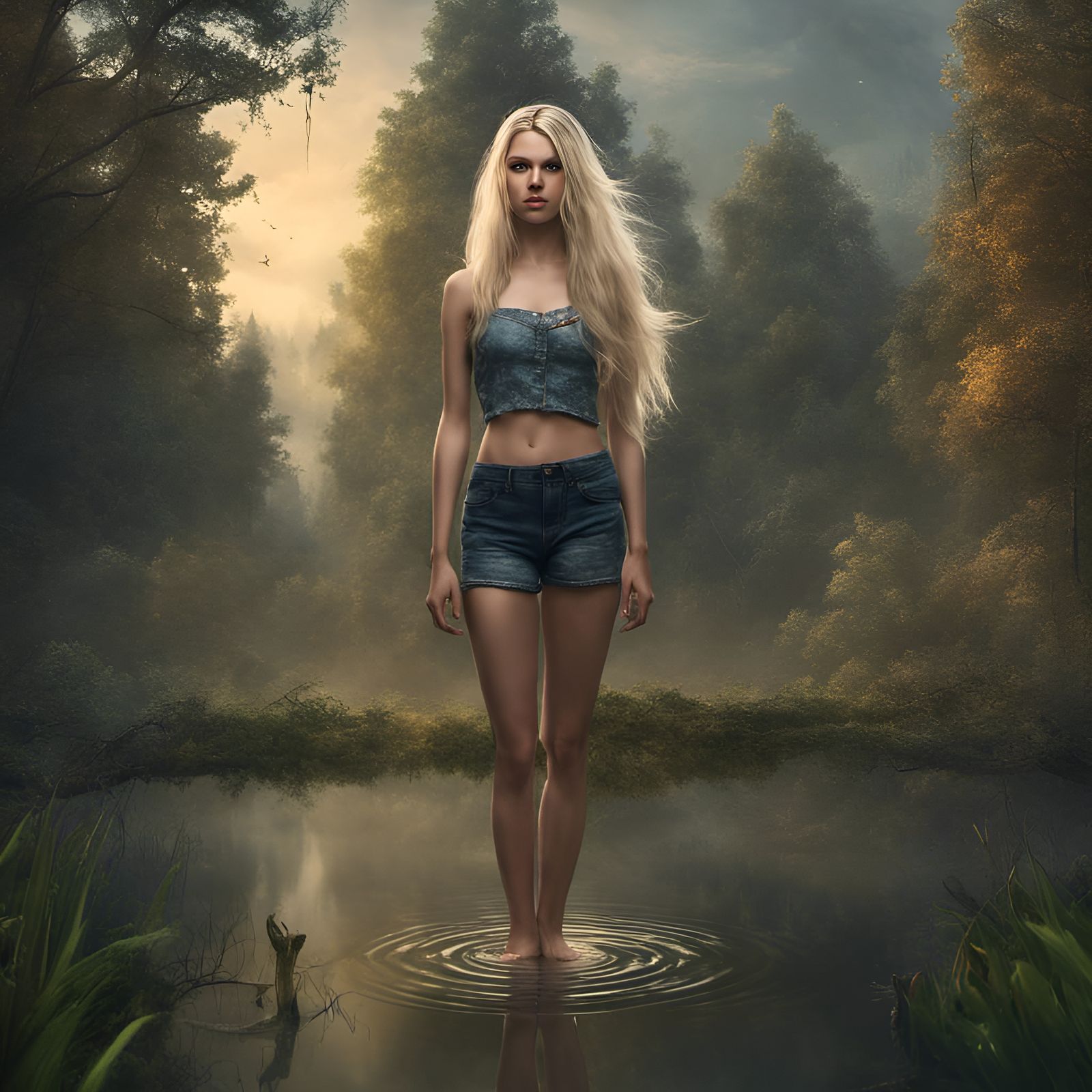 Blonde Woman in Pond, Matte Painting Style